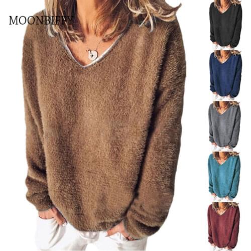 Autumn Winter Black Plush Fluffy Loose Sweater Women Pullover Blouse Top 2021 Casual V Neck Long Sleeve Oversized Sweaters 2021