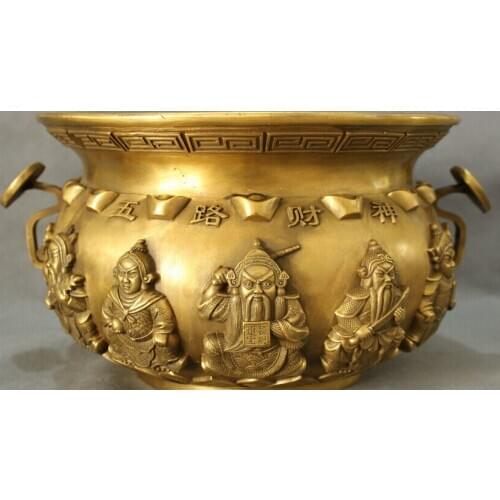 Song voge gem S3099 14" Chinese Brass 5 Mammon God Fish BAT Statue RuYi Bowl Incense Burner Censer