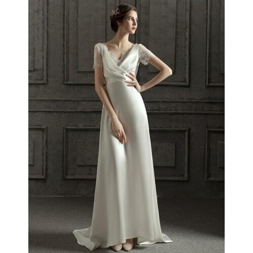 2021 New Design Short Sleeve Soft Satin Sweep Train Simple Plain Lace Wedding Dress Bride Gown Vestidos De Novia With Bow Tape