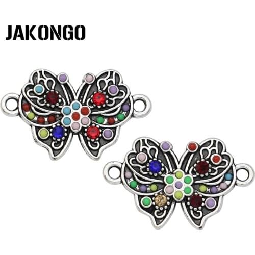 JAKONGO Antique Silver Plated Crystal Butterfly Connector for Jewelry Making Bracelet DIY Accessories Handmade Craft 25x15mm