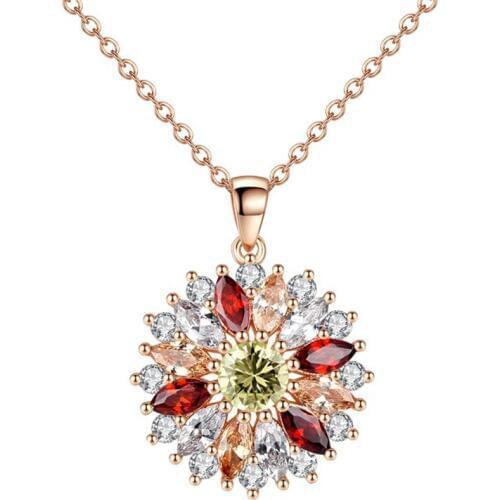 Romantic Colorful Crystal Zircon Sunflower Pendant Necklace Wedding Jewelry Valentines Gift for Women Girl A70