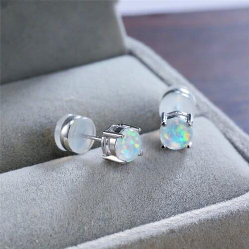 Boho Female 6mm White Opal Stone Earrings Dainty Silver Color Wedding Earrings Trendy Bride Round Small Stud Earrings For Women