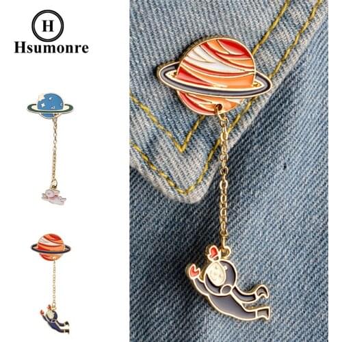 Rabbit Cartoon Cute Brooches Astronaut Lapel Pins Colorful Enamel Chain Jeans Denim Shirt Pin Badge Jewelry 2pcs/set