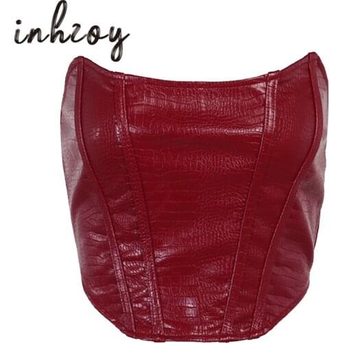 Faux Leather Tube Tops Women Summer Pole Dance Vest Strapless Crocodile Pattern Bustier Corset Punk Gothic Tanks Sexy Crop Top