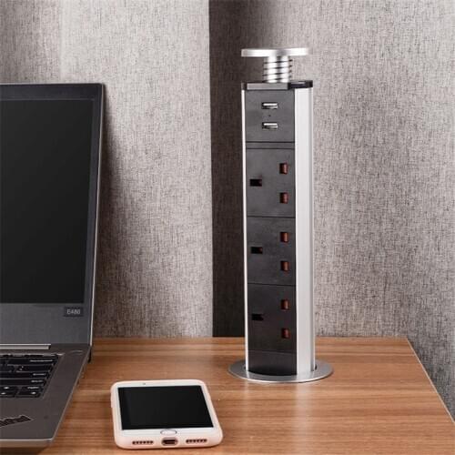 UK Plug PULL POP UP 3 Socket 2 USB Charge Port Office Home Kitchen Table Desktop Outlet Retractable Aluminum Body High Quality