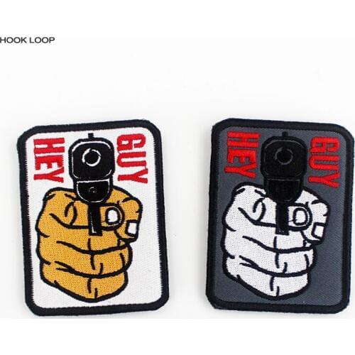 Hey Guy Embroidered Pistol Patches Fabric Punk Armband Stickers Hook Loop Badges Stick on Clothing Backpack Appliques