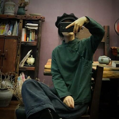 Johnature Women Cotton Shirts Vintage Blouses And Tops 2020 New Stand Long Sleeve Button Chinese Style Women Soft Shirts