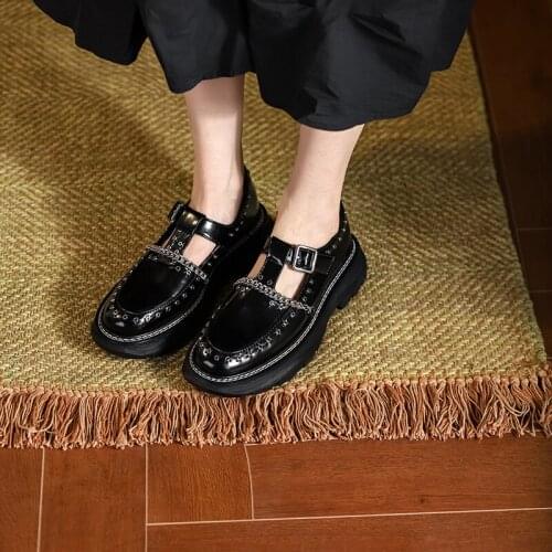2021 New Autumn Women Shoes Brock Cow Leather Round Toe Chunky Heel Loafers Women Black Platform Casual Lace-Up Flats