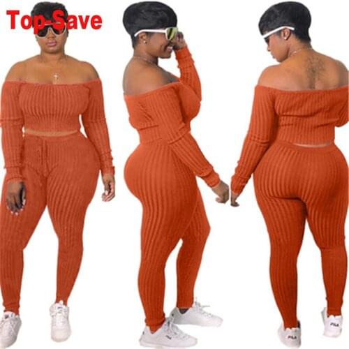 Off The Shoulder 2 Two Piece Set Women Ribbed Long Sleeve Top And Matching Set Pants Autumn Tracksuit Workout Sports Suit Outfit