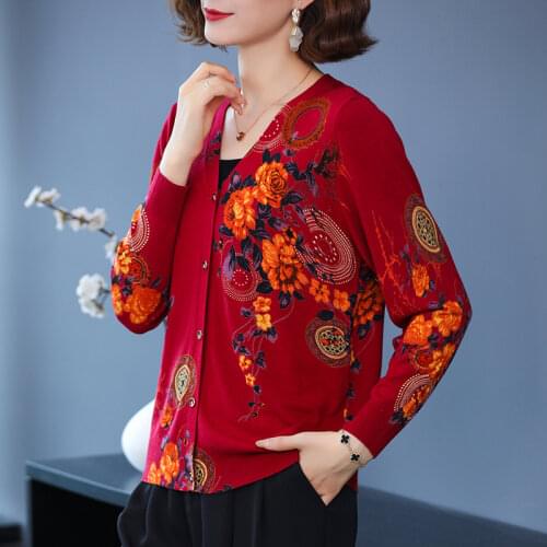 Print Female Cardigan Autumn Spring Knitted Sweaters Women Korean Fashion Long Sleeve Tops V Neck Soft Cardigans Women