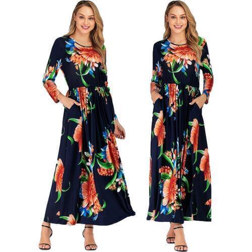 Plus Size Muslim Women Long Sleeve Maxi Dress Floral Print Pleated Kaftan Jilbab Prayer Islamic Robes Gown Clothing New