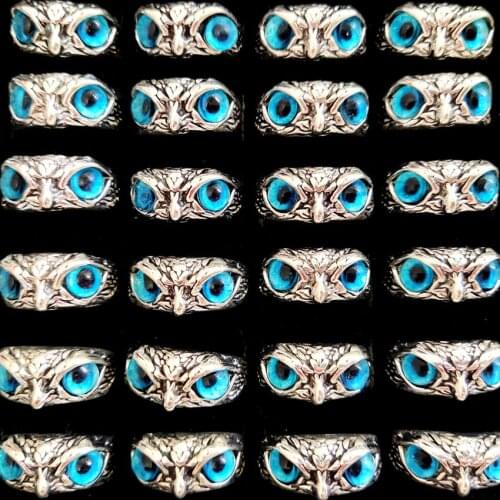 Wholesale 20pcs Party Blue Eye Owl Ring Silver Plate Rocker Biker Punk Rings Man Women Vintage 2021 Unique Design Jewelry