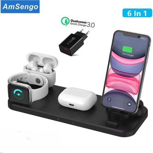 Amsengo 6 In 1 Wireless Charger Stand Qi Fast Charging Dock Station for Apple Watch iWatch 6 5 4 3 AirPods Pro iPhone 12 Pro Max