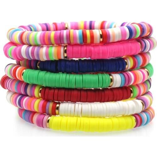 Boho 6mm Polymer Clay Heishi Beads Stretch Bracelet Women Multicolored Rubber Bead Red Blue White Yellow Summer Beach Jewelry