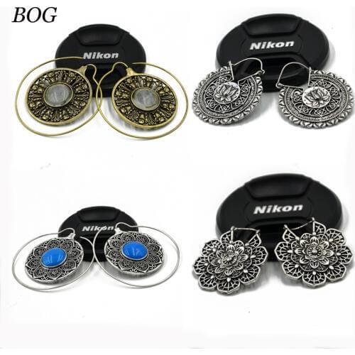 BOG-Pair Brass Tribal Indian Spiral Mandala Lotus Flower Earrings Hoop piercing Charming Ear Tunnel Plug Piercing Body Jewelry
