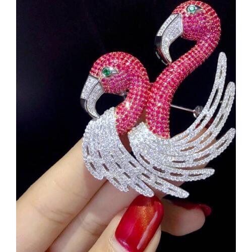 Rose red color 925 sterling silver with cubic zircon animal brooch double swan or flamingo brooch pins fine women jewelry