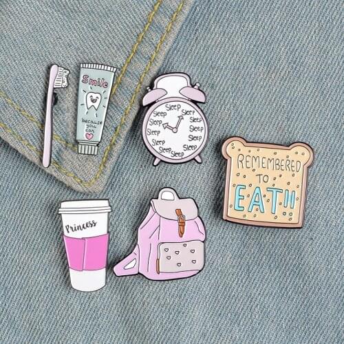 Kids Morning Enamel Pins Clock Brush Coffee Bread Backpack Brooches Clothes Lapel Pin Funny Daily Badge Jewelry Gift for Friend