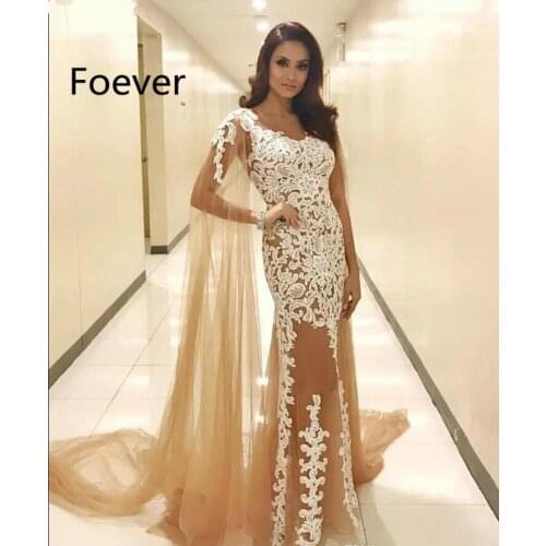 Champagne Long Evening Dresses 2019 One Shoulder With Cape Tulle Lace Arabic Prom Gowns For Middle East Party