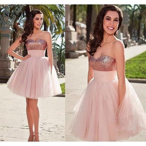 Rose Gold Sequins Homecoming Dresses Sweetheart Short Prom Dresses Tulle Skirt Party Gowns For Girls Graduation Cocktail Gowns