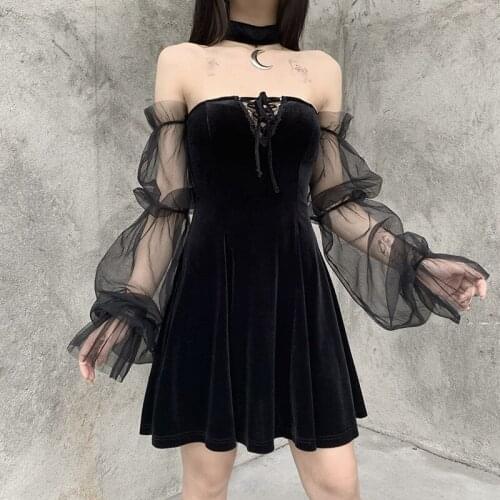 Cool Goth Women Dresses 2021 Lady Slash Neck Sexy Lace-up A-line Mesh Transparent Long-Sleeve Mini Dress Crescent Halter Collar
