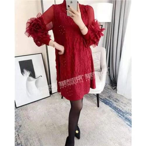 HOT SELLING fashion fold in the womens pure color dress High collar three quarter applique dress IN STOCK