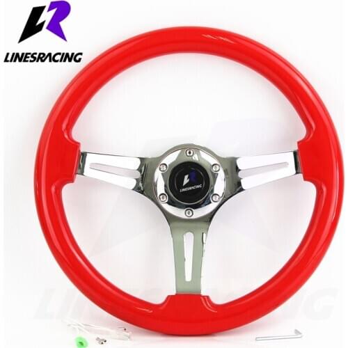 LR Universal 14" 350mm Wood Grain Steering Wheel 6 Bolts 1.75" Dish 3-Spoke Wood