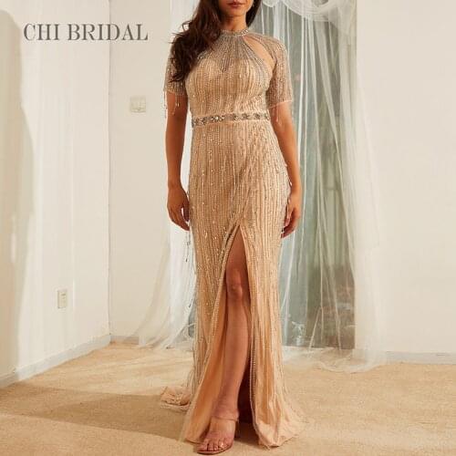 Short-Sleeved Small Stand-Up Collar Long Skirt Upper Body Hollow Slit Tail Elegant Evening Dress Heavy Bead Tassel Design