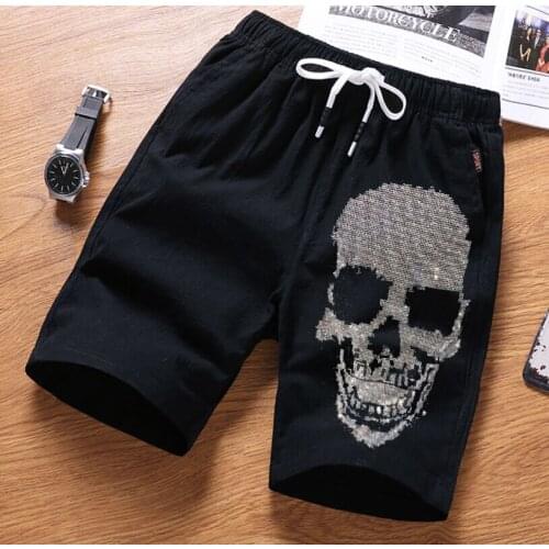 Top Quality cotton short with Rhinestones Men Jogging short Skull Pants Hip hop Streetwear Men Hot drill