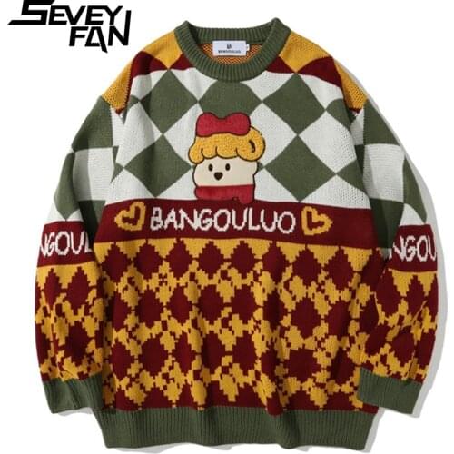 SEVEYFAN Mens Cartoon Embroidery Ugly Christmas Sweater Loose Cotton Pullover Knitwear for Couples