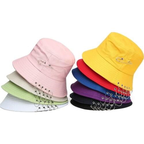 Solid Color Iron Pin Rings Personality Bucket Hat Cap For Unisex Women Men Cotton Fishermen Caps Factory Sells Directly