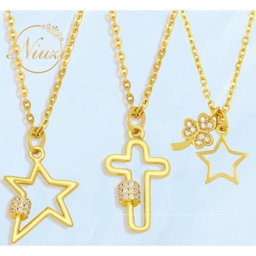 Korea Vintage Cute Necklaces For Women Trendy Heart Stars Cross Geometry Hollow Pendants Necklaces Teen Girls K-pop Accessories