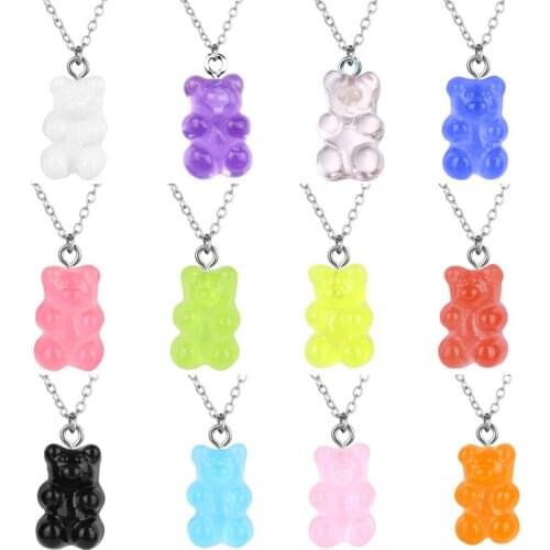 New Rainbow Color Cute Jelly Bear Gummy Necklaces for Women Girls Cool Punk Hip Hop Resin Necklaces Accessories