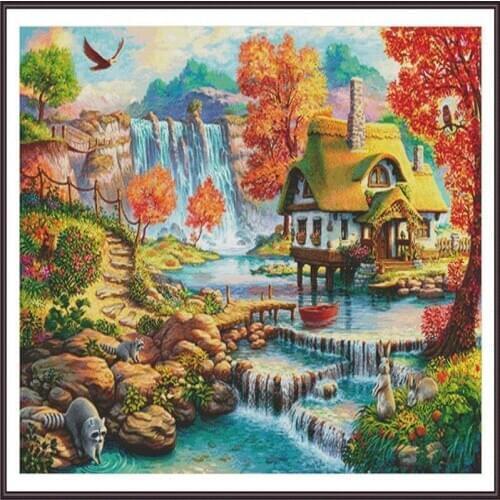 Drop Shipping Embroidery Waterfall Cross Stitch Crazy with 14CT Aida Counted Canvas & Free Shipping for Housewarming