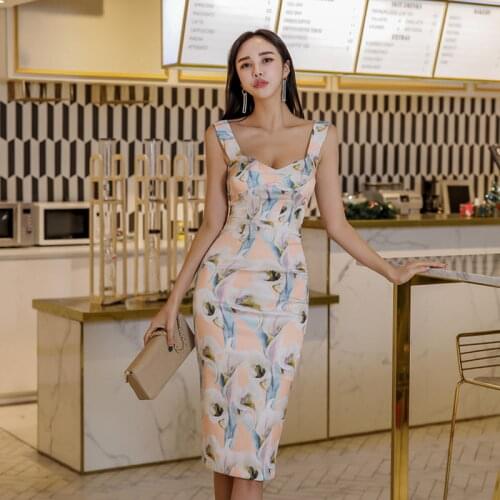Plus Size Summer Bodycon Pencil Dress Women Blue Print V-neck Sleeveless Casual Floral Dress Elegant Korean Office Lady Dresses