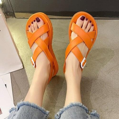 Womens Sandals Candy Colors Cross Straps Ladies Solft Shoes Flat Round Toe Buckle Strap Thick BottomFemale Consice Summer 2021