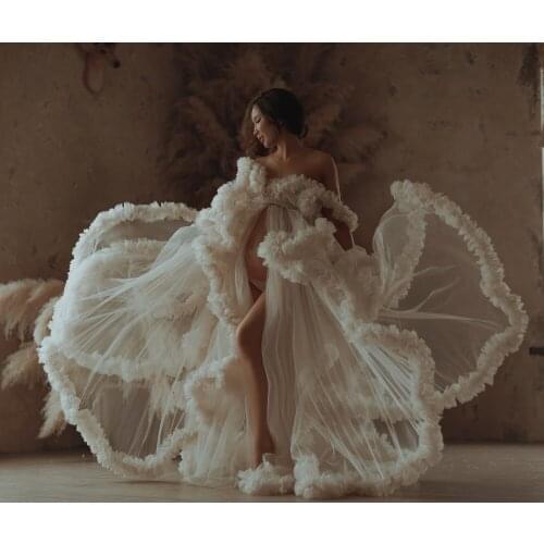 Sexy Bridal Pearls Robes Custom Made Long Tulle Robe Prom Dress Baby Shower Photo Shoot Bridal Dresses Women Puffy Robe