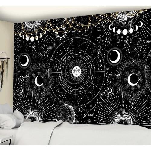 Sun Moon Mandala Starry Sky Tapestry White Black Wall Hanging Bohemian Gypsy Psychedelic Tapiz Witchcraft Astrology Tapestry