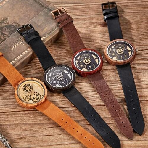 Unique Relogio Masculino Gear Wheel Wood Watch Leather Band Men Wristwatches Quartz Movement Calendar