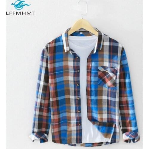 Spring Fall Cotton Linen Fashion Plaid Lapel Long Sleeve Shirt For Men Classical Vintage Korea Style Simple Button Up Casual Top