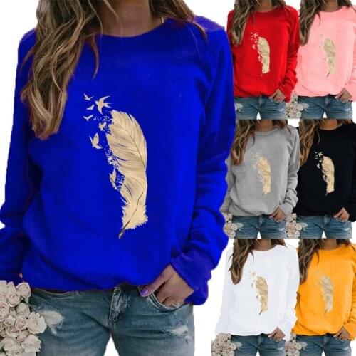 Women Winter Long Sleeved Casual Round Neck Feather Printed Loose Sweatshirt Tops & Blouses Plus Size T-shirts