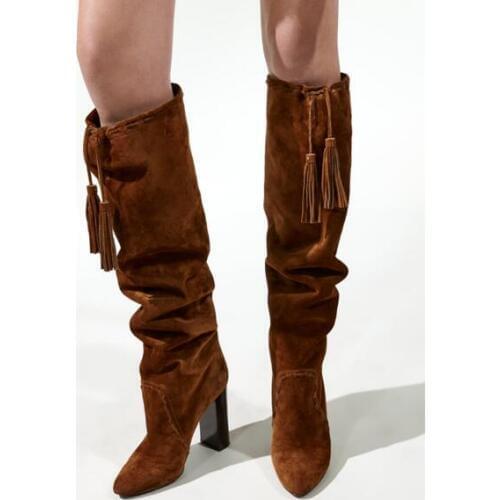 Autumn New Brand Women Fashion Black Brown Solid Color Pointed Toe Tassel Fringed Square Heels Slip On Knee High Boots Plus Size