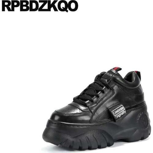 Black high quality elevator cowhide muffin thick sole women lace up creepers platform shoes round toe gold genuine leather wedge