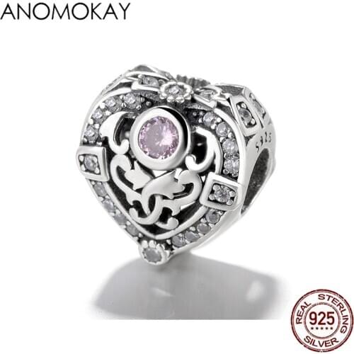 Anomokay Romantic Flower Heart Bead fit Bracelet & Bangle Pink Fine CZ Hollow Out Love Charms for Women Lovers DIY Jewelry