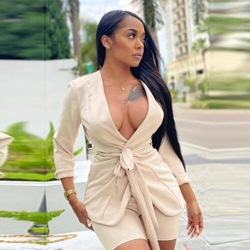 Elegant Sexy Deep V Neck Belt Long Sleeve Blazer Suit +Shorts Outfits Women 2 Piece Sets Fashion Party Club Event Clothes