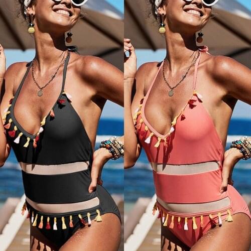 Women Halter Strappy Self Tie Tassels Spaghetti One Piece Swimsuit