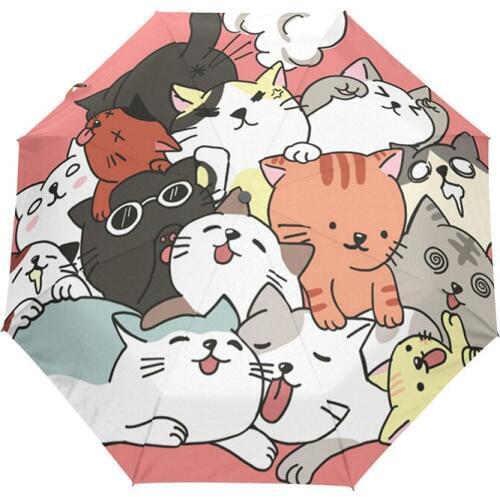 Women Umbrella 3 Folding Umbrellas Beach Cartoon Cat Rain Waterproof Children Sun Umbrella For Girl Small Parasol Auto Female