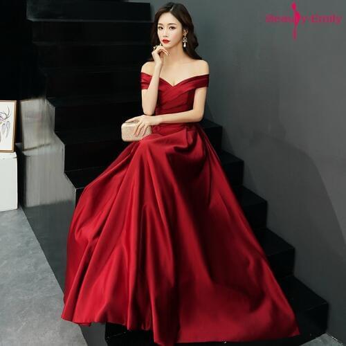 Beauty-Emily Burgundy Off The Shoulder Evening Dresses Long Sleeveless Pleated Formal Dress Lace Up Back Prom Party Gowns soiree