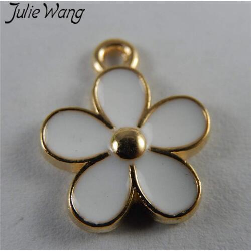 Julie Wang 10PCS Cute Enamel White Pink Small Flowers Gold Tone Charms Necklace Pendant Findings DIY Jewelry Making Accessory