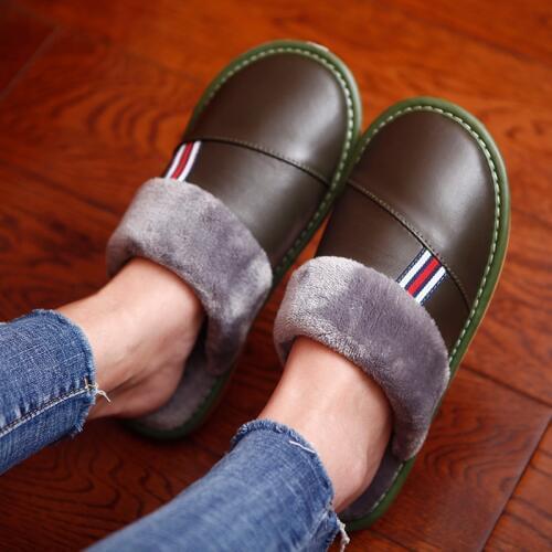 Genuine Leather Couples Winter Indoor Slippers Sheepskin Warm Comfortable Home Shoes Anti-Slip Casual Slippers for Men&Women