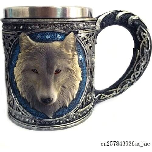 10pcs 3D Wolf Mugs Cartoon Animal Lone Wolf King Drinking Cup Tea Beer Coffee Mug Retro Resin Stainless Steel Lining